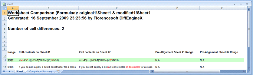 Compare Excel cells (strings, formula, values) and show differences at character level